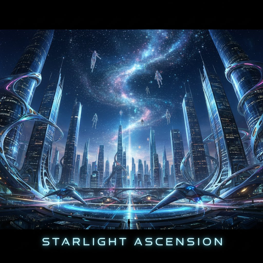 Modern transcendence movie visual, futuristic cityscape dissolving into stardust, movie transcendence movies