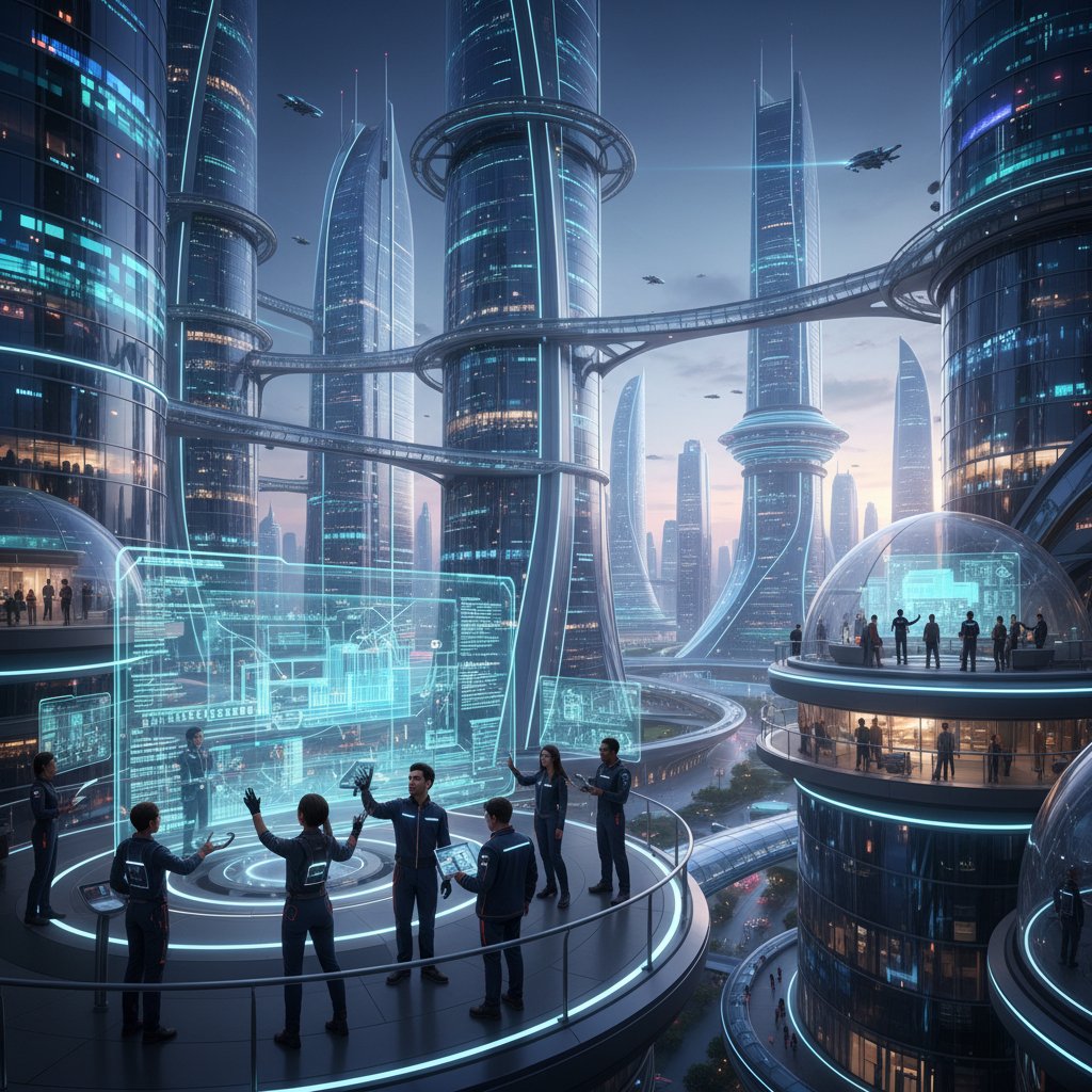 Przyszłość polskich startupów w kreatywnym, futurystycznym środowisku, cityscape, zespoły współpracujące w przestrzeni cyfrowej i fizycznej