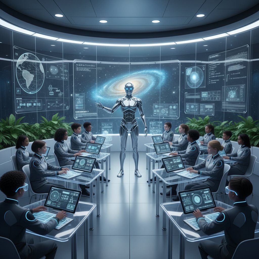 Klasa z asystentem AI wspierającym uczniów podczas nauki, najlepsze kursy przygotowawcze do matury