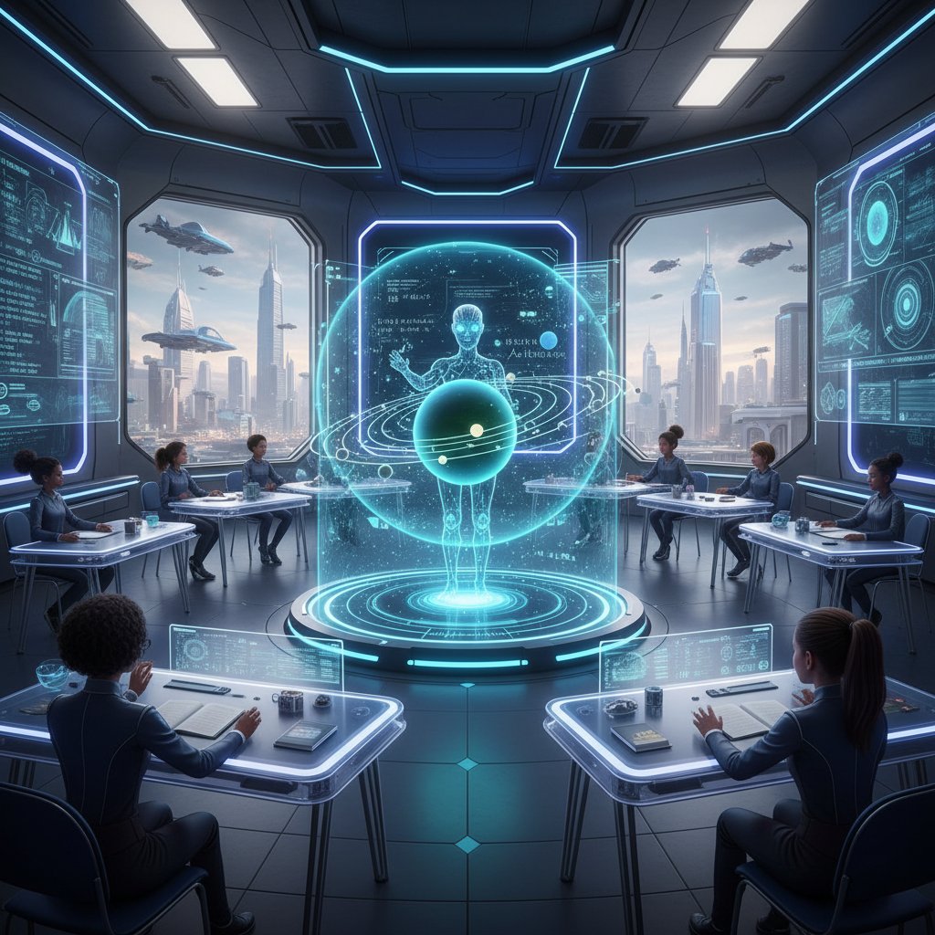 Klasa przyszłości z hologramowym nauczycielem, obrazująca automatyzację edukacji