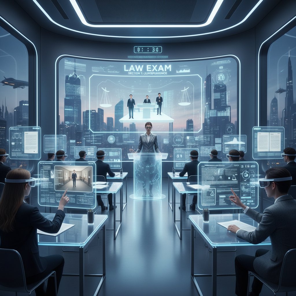 Nowoczesna sala egzaminacyjna z technologią AR/VR, ilustracja trendów przyszłości w edukacji prawniczej