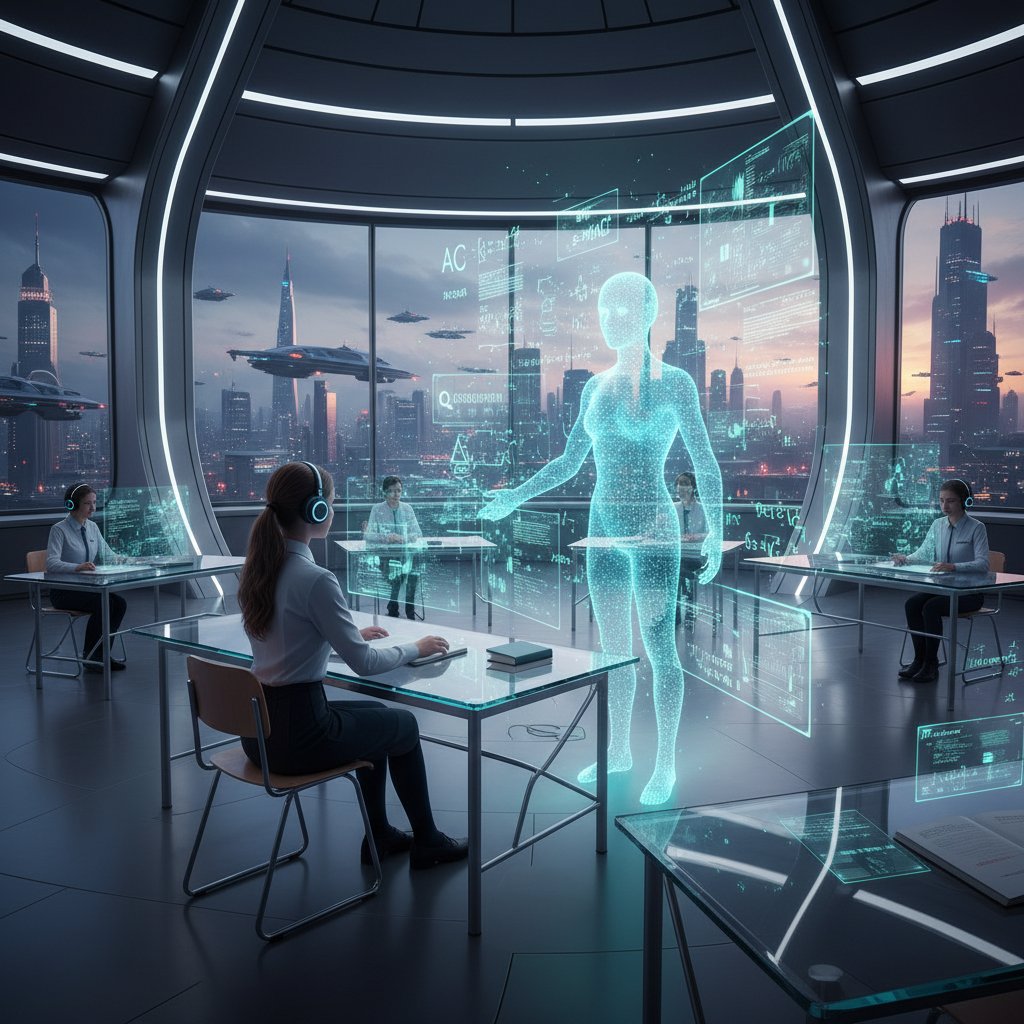 Licealista w futurystycznej klasie, tablet z wyświetlonym AI tutor, wokół hologramy słówek i zdań