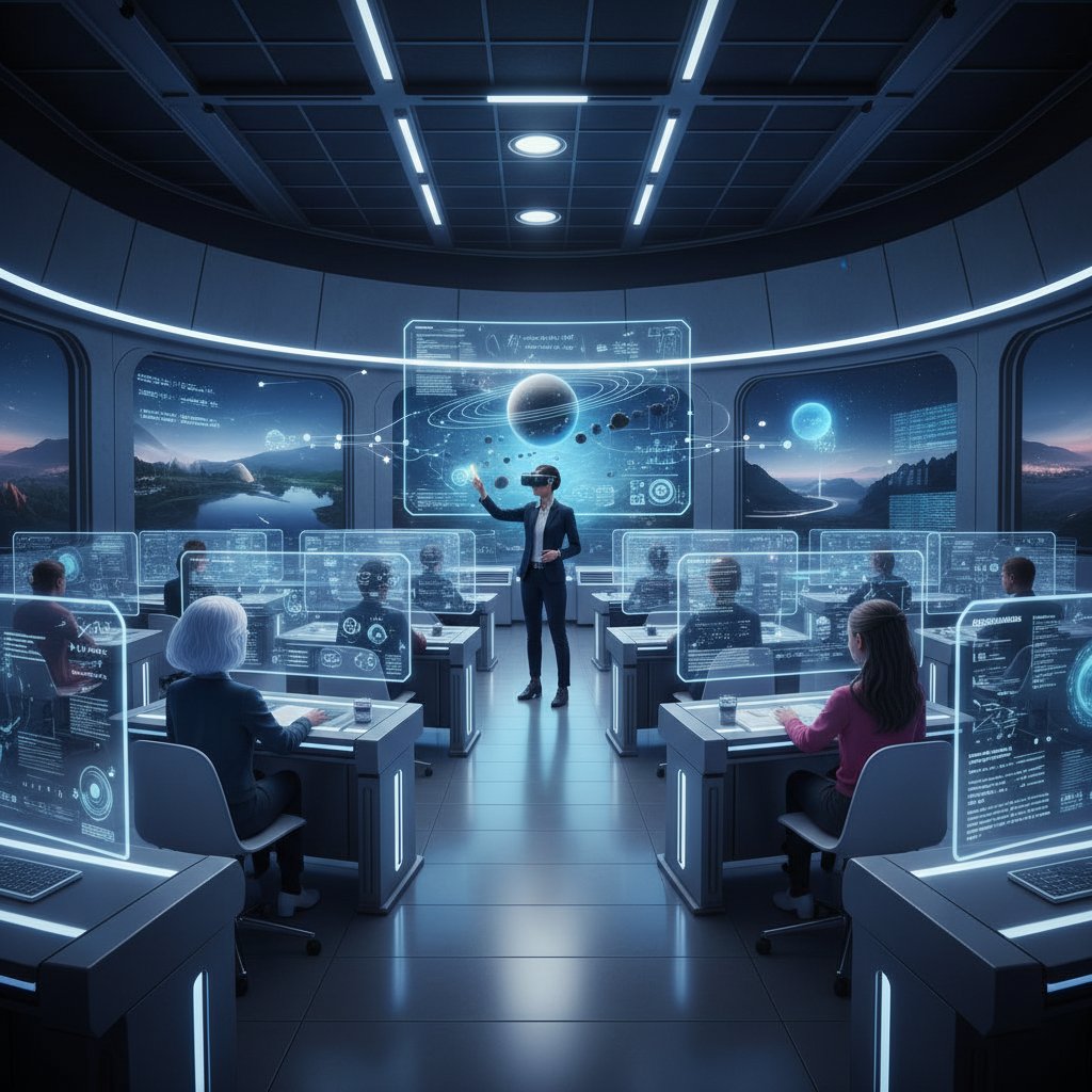 Futurystyczna sala lekcyjna, hologramy, uczniowie w interakcji z cyfrowymi awatarami