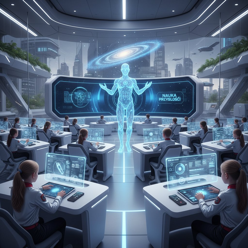 Nowoczesna klasa z holograficznym korepetytorem AI, polscy uczniowie z tabletami, cyberpunkowa estetyka