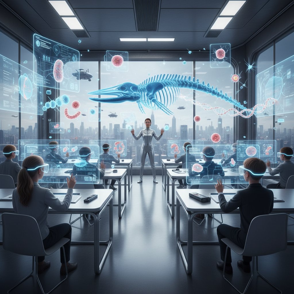 Futurystyczna klasa z holograficznymi modelami biologicznymi i uczniami w okularach AR, słowa kluczowe: biologia zadania online, przyszłość edukacji, AR