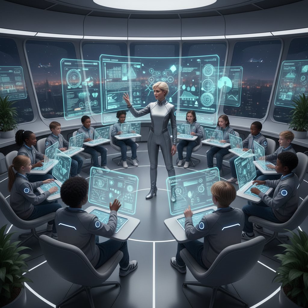 Futurystyczna klasa z holograficznymi panelami i zaangażowanymi uczniami – wizja nowoczesnej edukacji