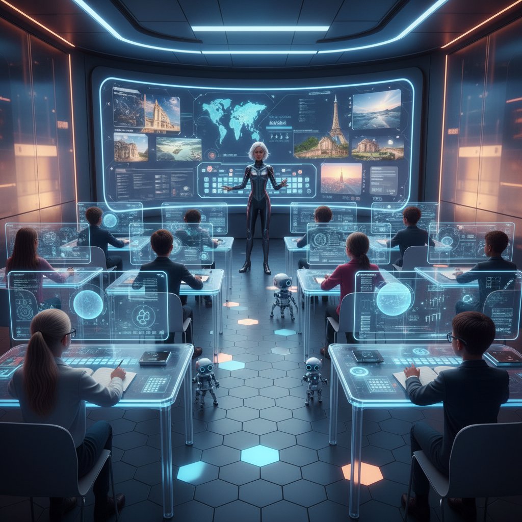 Zukunftsvision eines digitalen Klassenzimmers mit holografischen Interfaces, diverse Schüler