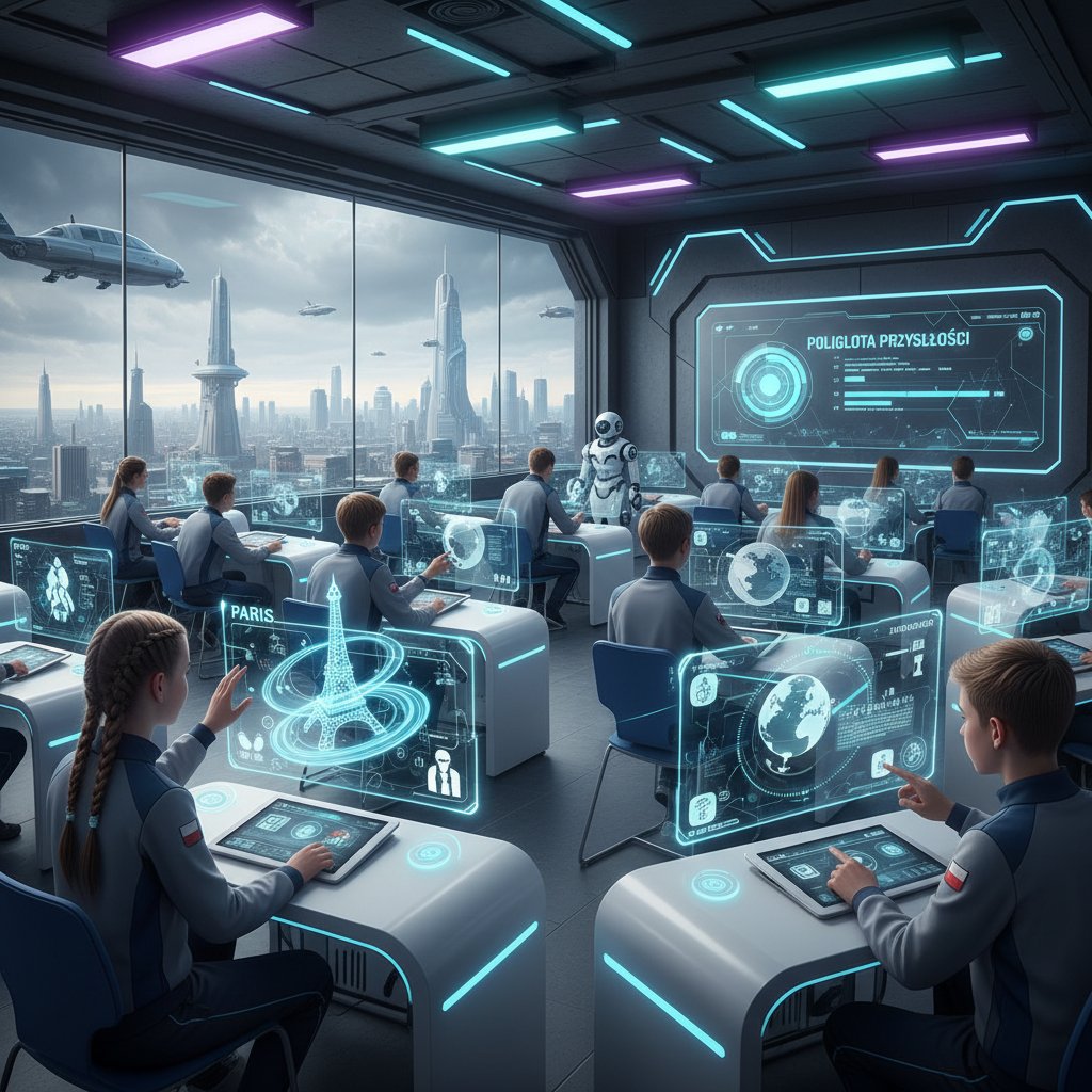 Nowoczesna klasa przyszłości z technologią nauki angielskiego, polscy nastolatkowie, hologramy, żywe kolory, klimat optymistyczny