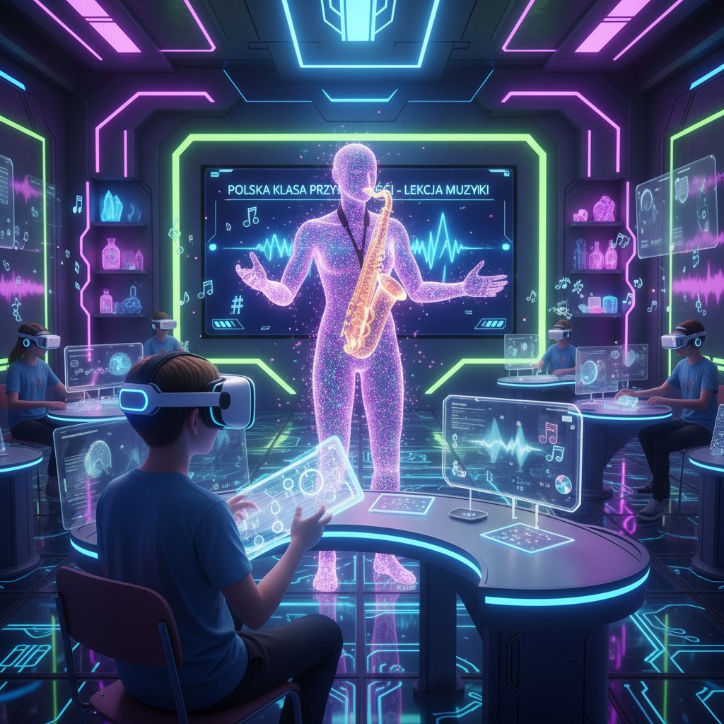 Uczeń w okularach VR podczas futurystycznej lekcji saksofonu