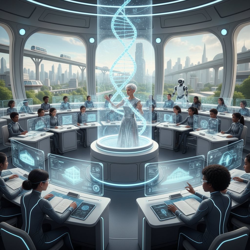 Futurystyczna klasa z holograficznymi ekranami i zróżnicowanymi uczniami, nowoczesna nauka online