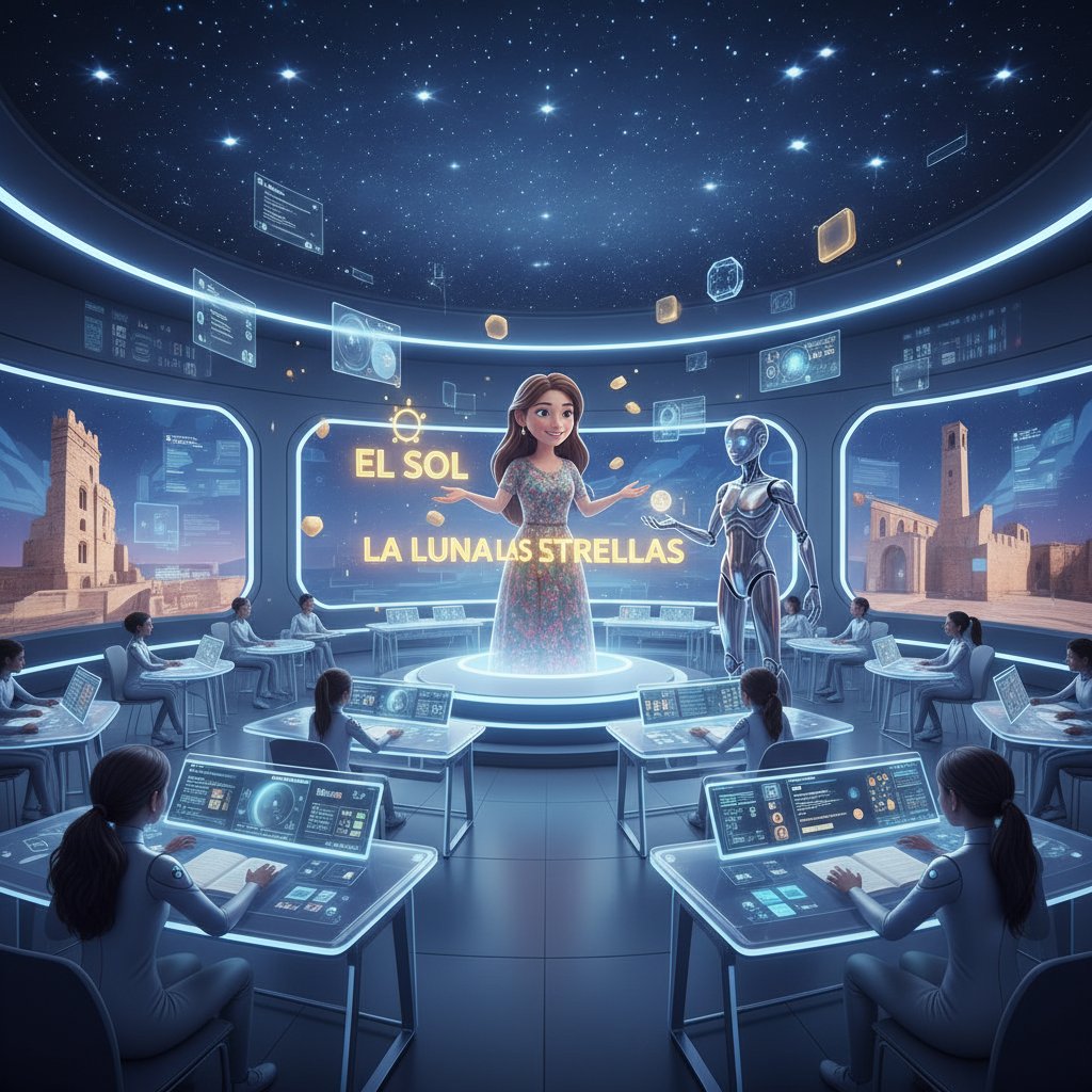 Przyszłościowa klasa z holograficzną lekcją hiszpańskiego, dzieci w okularach AR