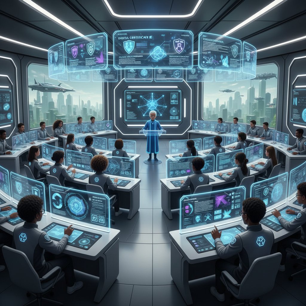 Futurystyczna klasa, ekrany z cyfrowymi certyfikatami, różnorodni uczniowie przygotowują się do egzaminu online