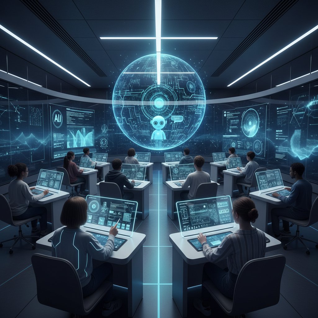 Nowoczesna sala edukacyjna z tablicą, tabletem i uczniami korzystającymi z AI, przyszłość inwestycji w korepetycje online