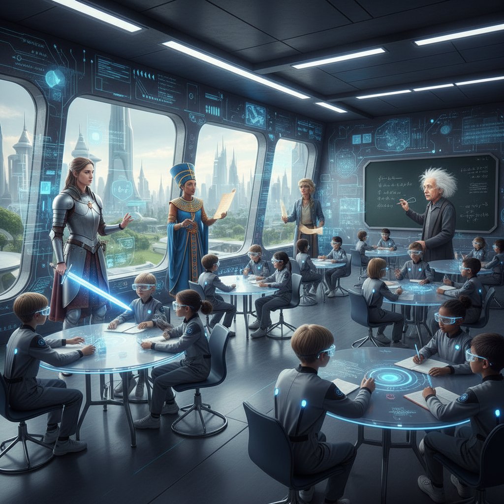 Uczniowie w futurystycznej klasie korzystający z okularów AR