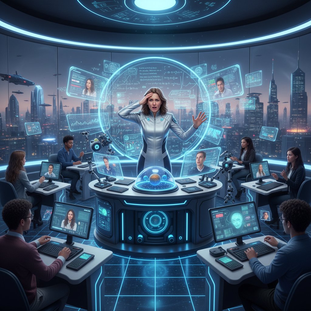 Nauczyciel w nowoczesnej klasie otoczony technologią – cyfrowe przeciążenie, wypalenie zawodowe