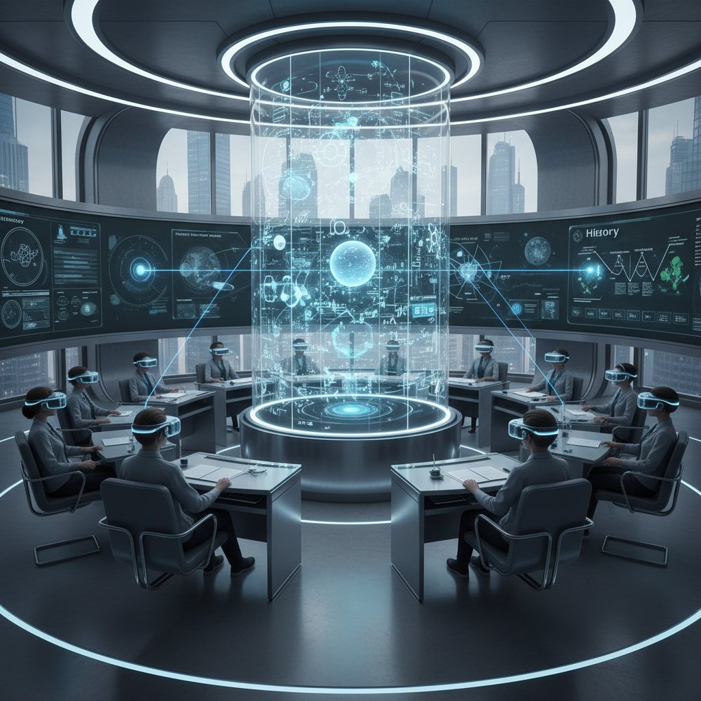 Przyszłościowa sala lekcyjna z VR, nowoczesna technologia edukacyjna, polski matura online