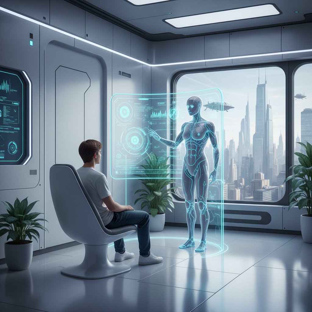 Osoba korzystająca z wirtualnego asystenta medycznego w futurystycznej klinice