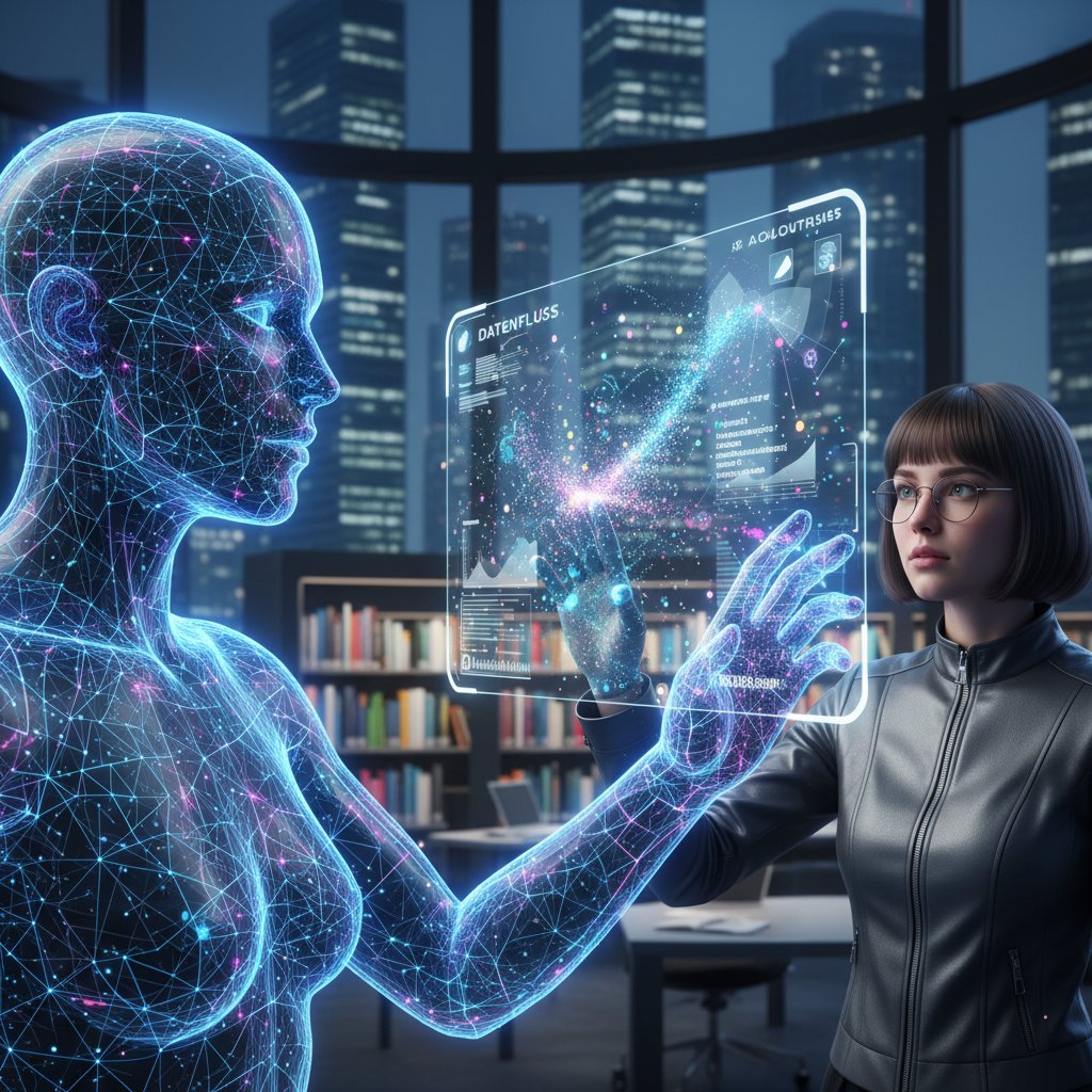 Futuristisches Motiv: KI-Avatar erklärt einem deutschen Schüler Aufgaben auf digitalem Interface, im Hintergrund Datenvisualisierungen