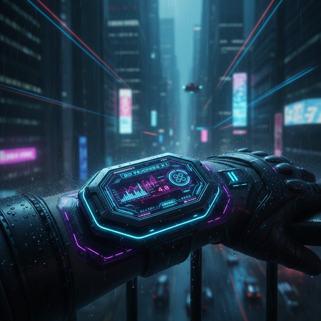 Futurystyczne zbliżenie na noszoną sztuczną trzustkę, świecący interfejs, styl tech noir, nocne tło