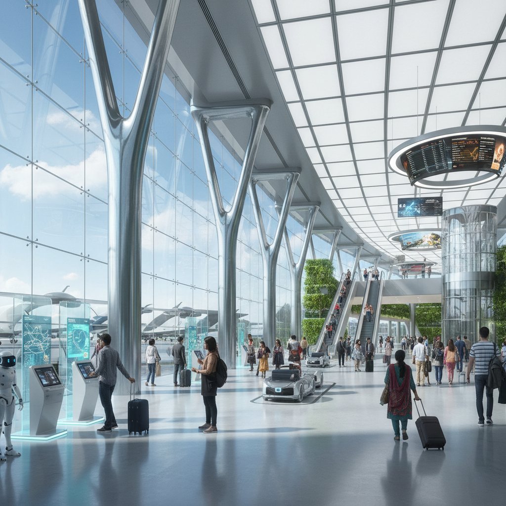 Futuristic vision of Coimbatore airport expansion, glass facades, diverse travelers, AI-powered kiosks, Coimbatore flight future
