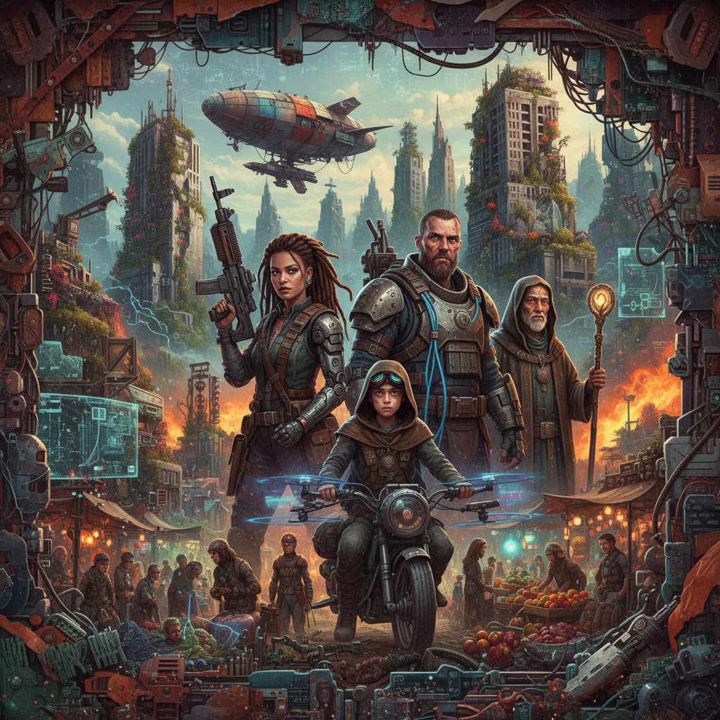 Futuristic collage of diverse cast in post-apocalyptic city, hinting at next-gen divergent cinema