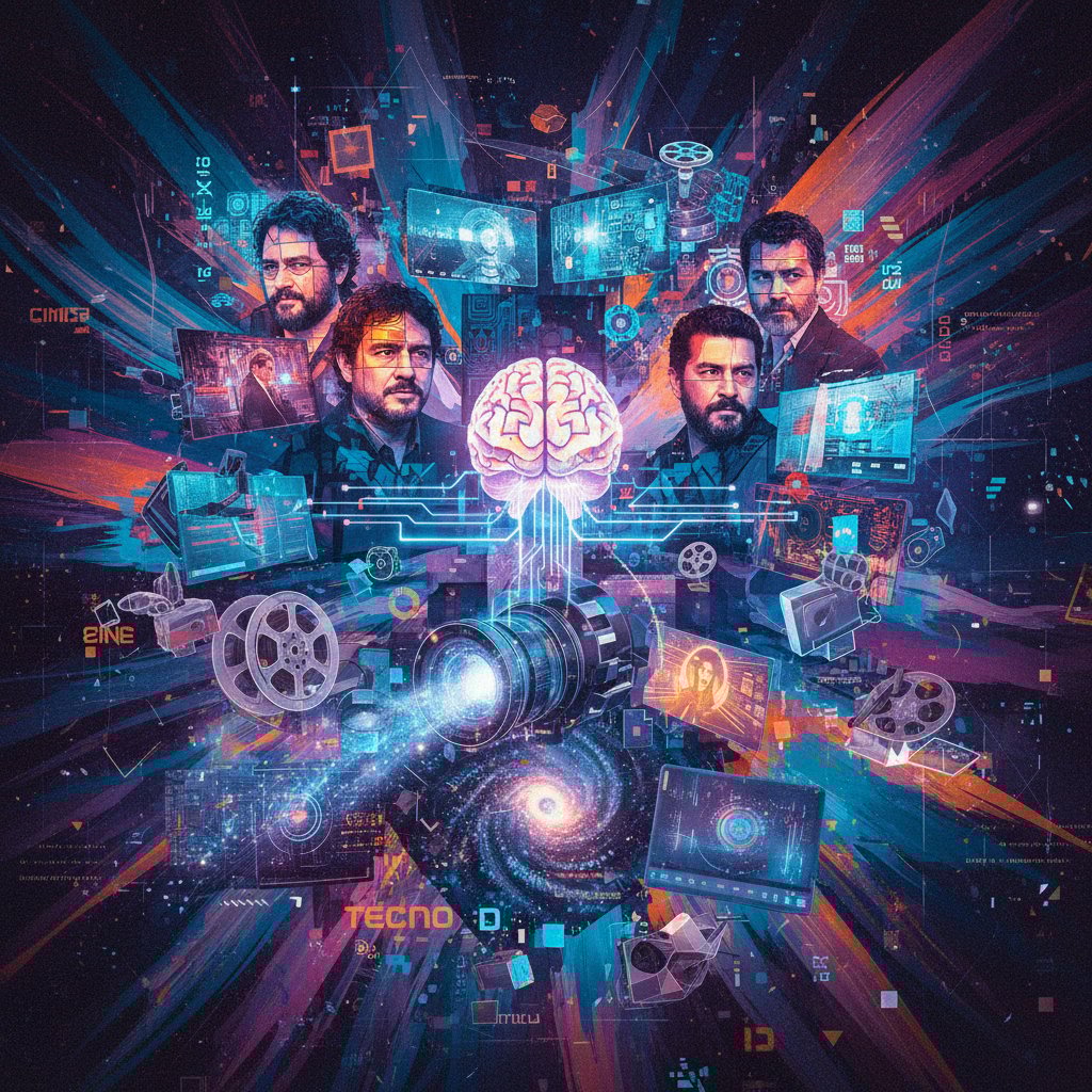 Futuristic, stylized collage of Latin American directors and digital film technology, 16:9