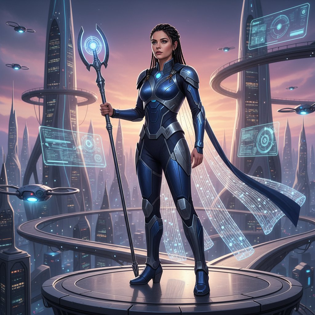 Futuristic, stylized concept image, Mila Kunis looking towards the future
