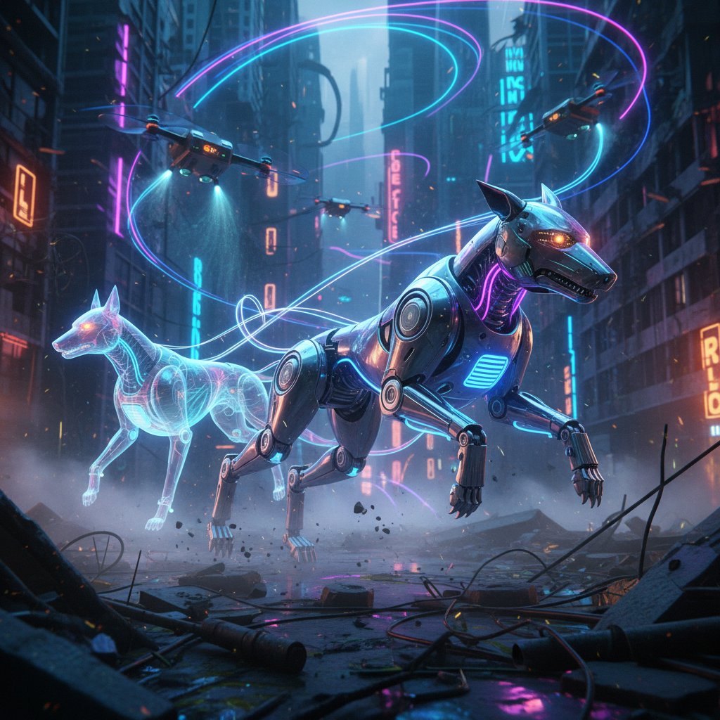 Futurystyczny koncept psa robota i wirtualnego psa pracujących razem podczas akcji ratunkowej, światło neonowe