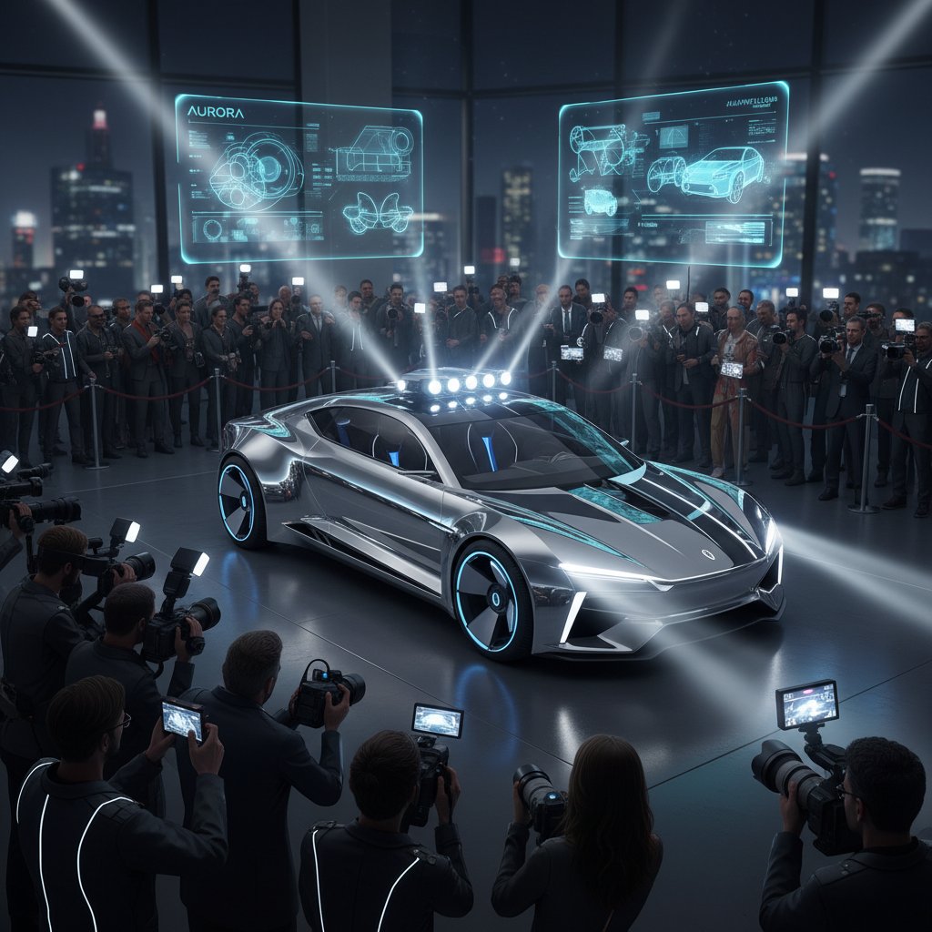 Futuristic concept car under spotlights, crowd of journalists