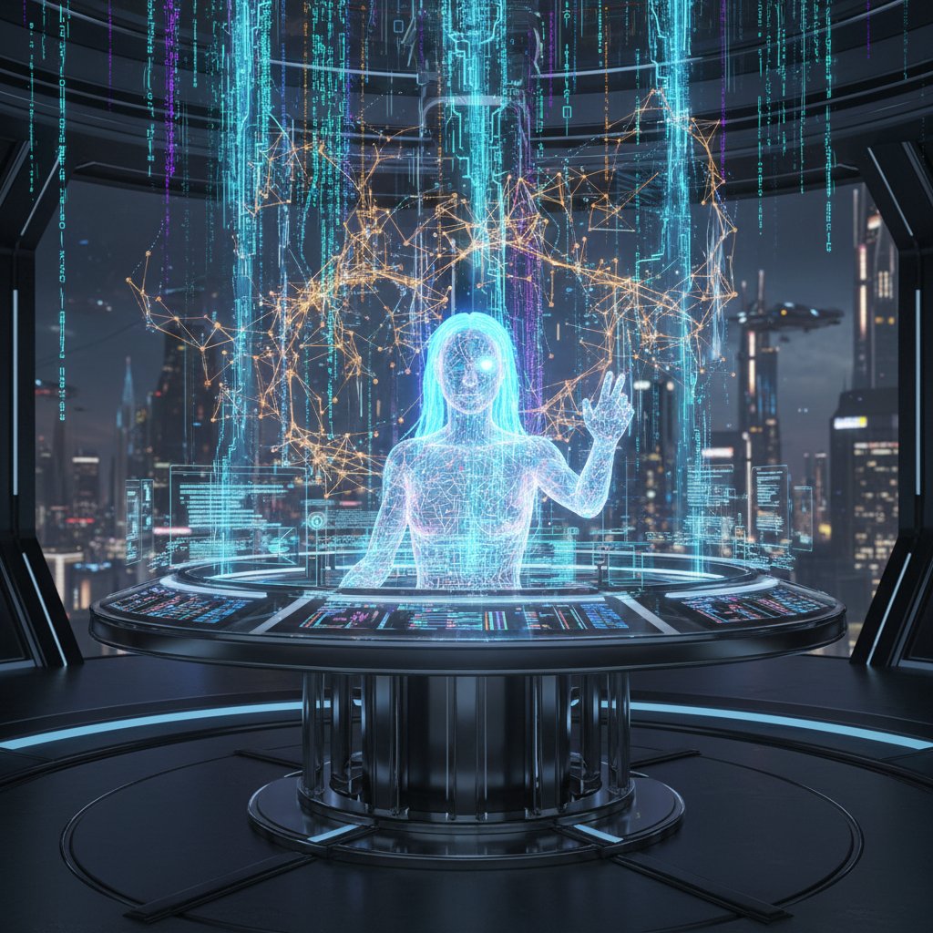 Zaawansowana konsola z kodami i wizualizacją sieci neuronowej, człowiek rozmawia z awatarem AI