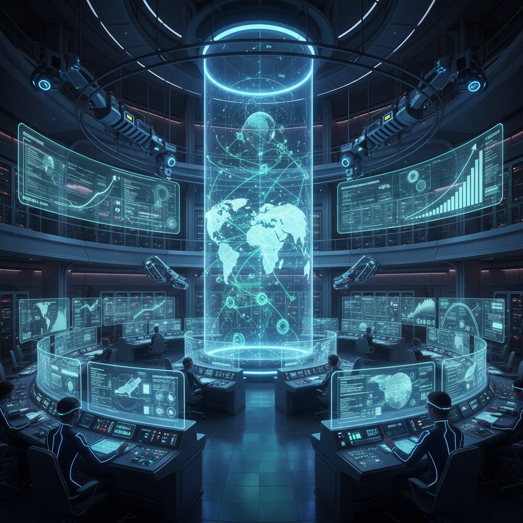 Futuristic control center with AI-driven upgrades, operational upgrade trends 2025