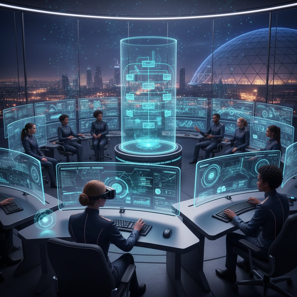 Photo of a futuristic control room with AI dashboards and diverse professionals monitoring automated workflows