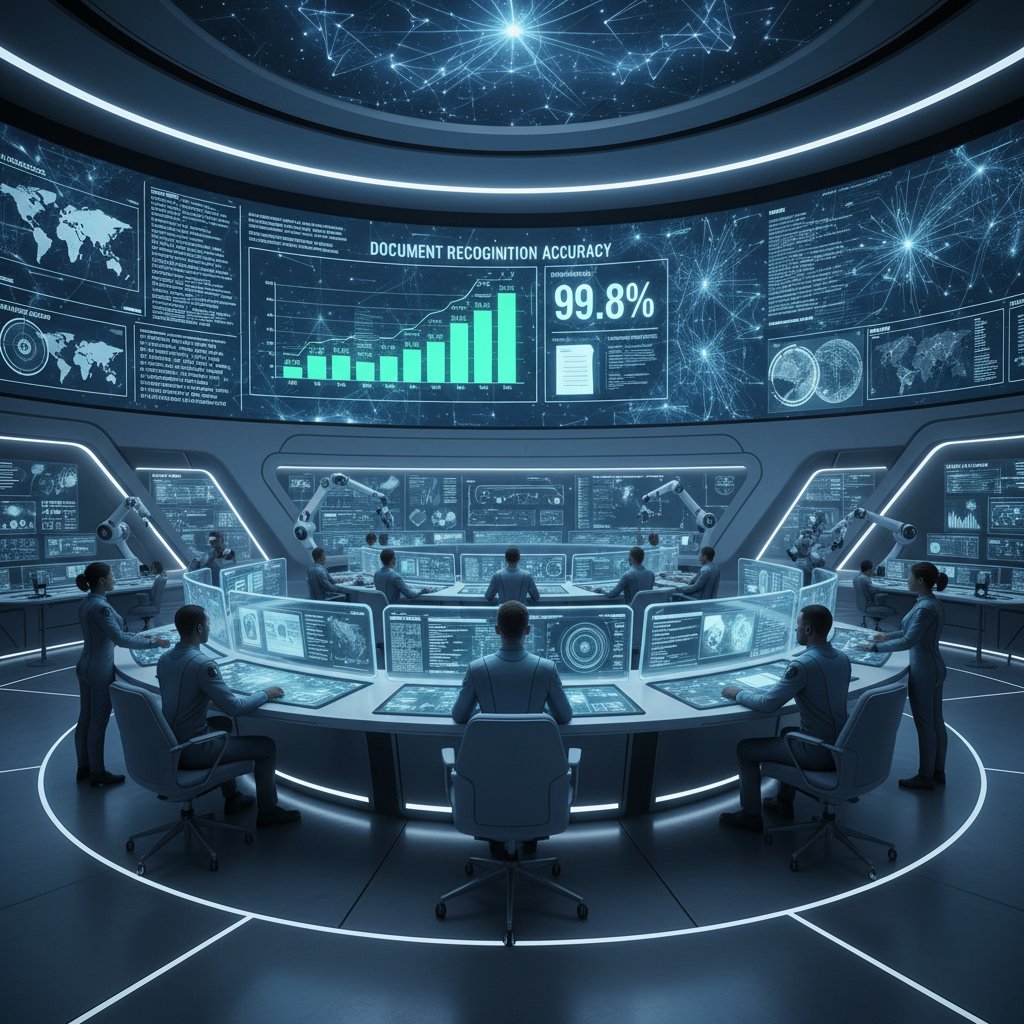 A futuristic control room with AI displays monitoring document recognition accuracy in real time