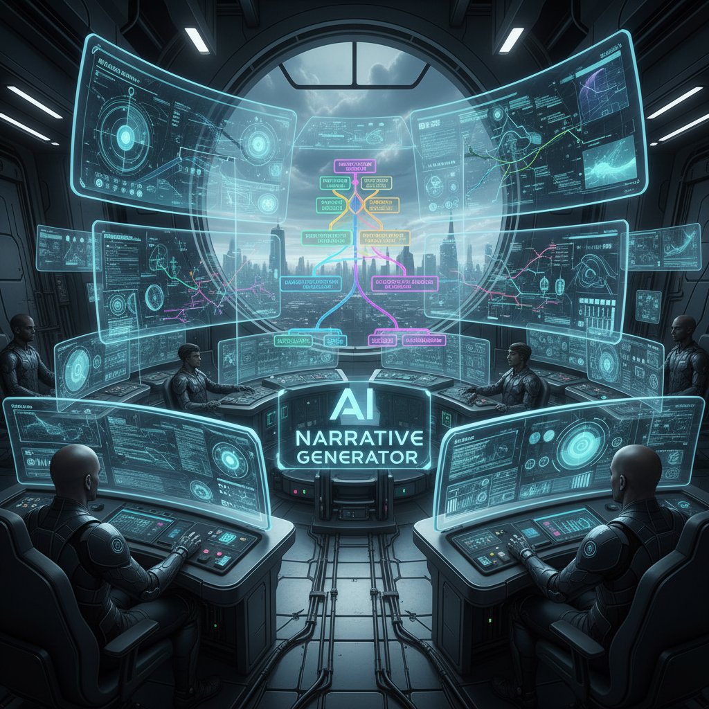 Photo of a futuristic control room with multiple screens dynamically rearranging storylines, representing AI-driven narrative generation