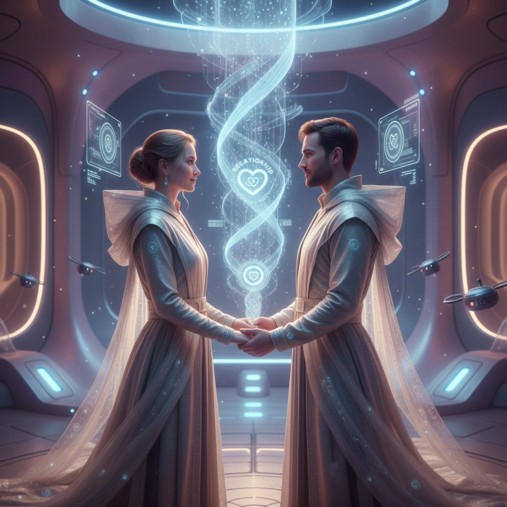 Futuristic, soft-lit couple with AI interface shimmering between them, symbolizing trust in the age of AI relationships