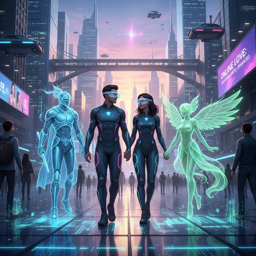 Futuristisches Paar, trägt AR-Brillen, interagiert mit virtuellen Avataren, Trend der Online-Liebesbegleitung