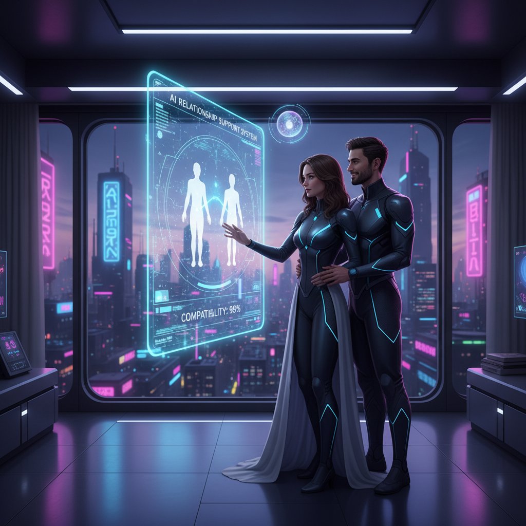 Futuristic image of a couple interacting with a holographic interface, symbolizing the next wave of AI relationship support