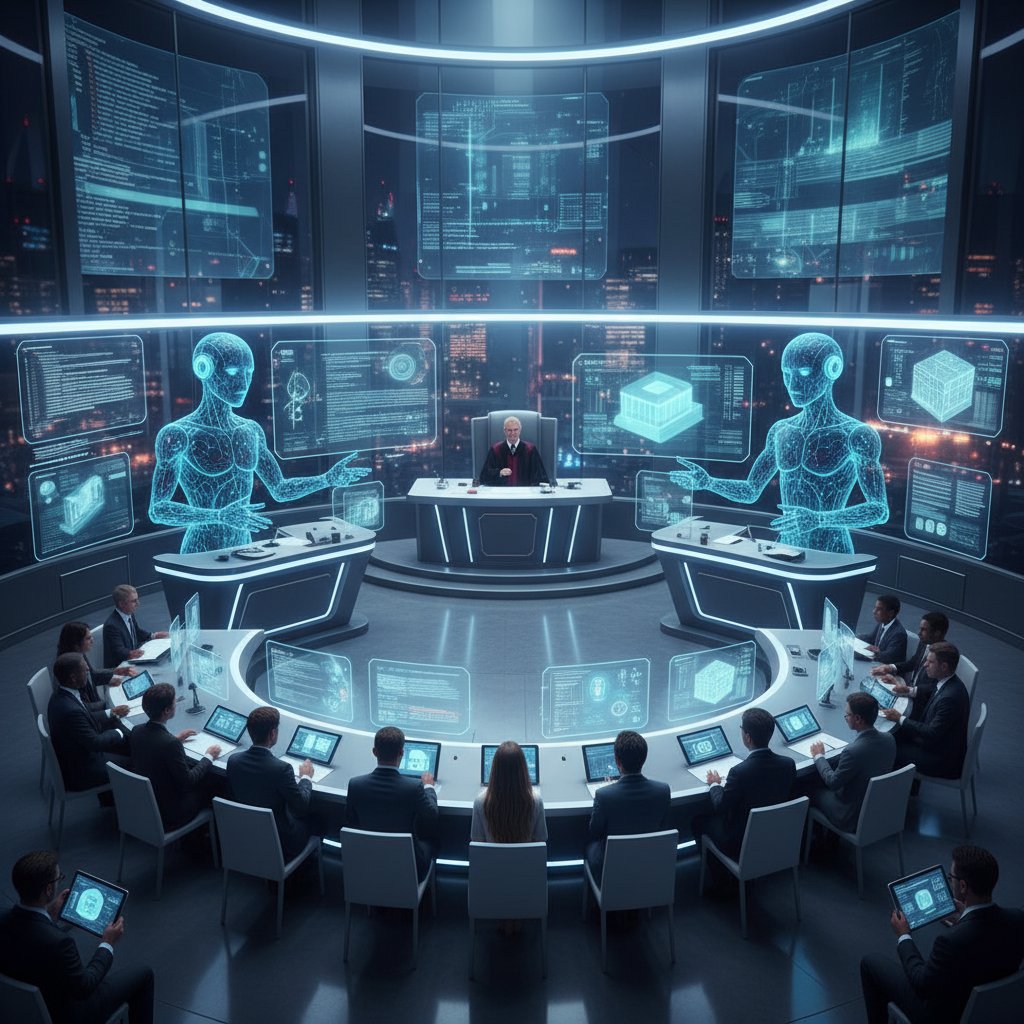 A futuristic legal battle featuring AI lawyers and digital evidence in a high-tech courtroom.
