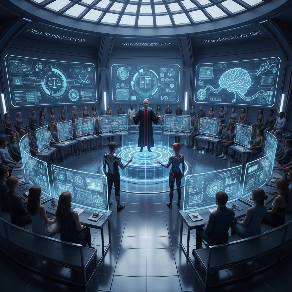 Nowoczesna sala sądowa z holograficznymi wyświetlaczami AI