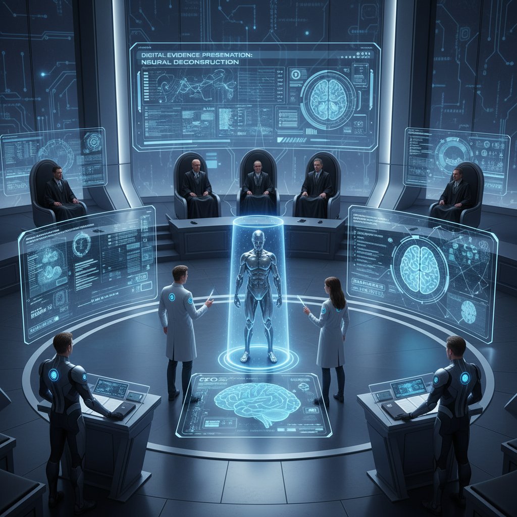 Futuristic courtroom with researchers presenting digital evidence in secure document upload case