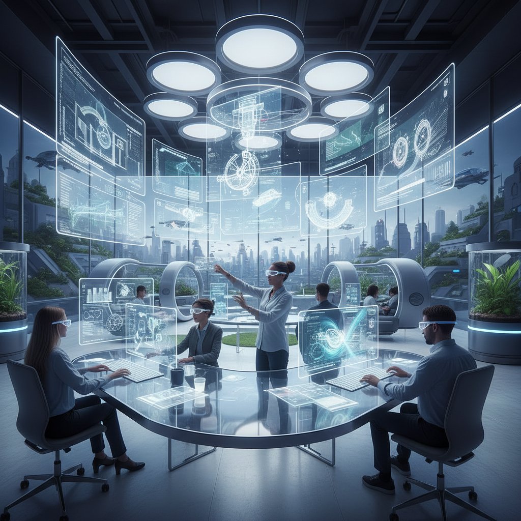 Przyszłościowe biuro kreatywne z nowymi technologiami – holograficzne ekrany, zespół w otwartym, futurystycznym biurze