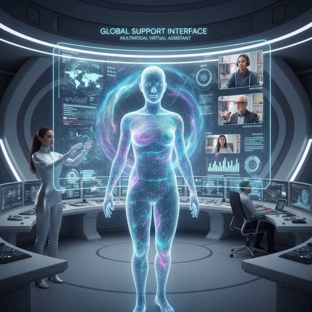 Futuristic customer support scene with virtual assistant using voice, chat, and video.