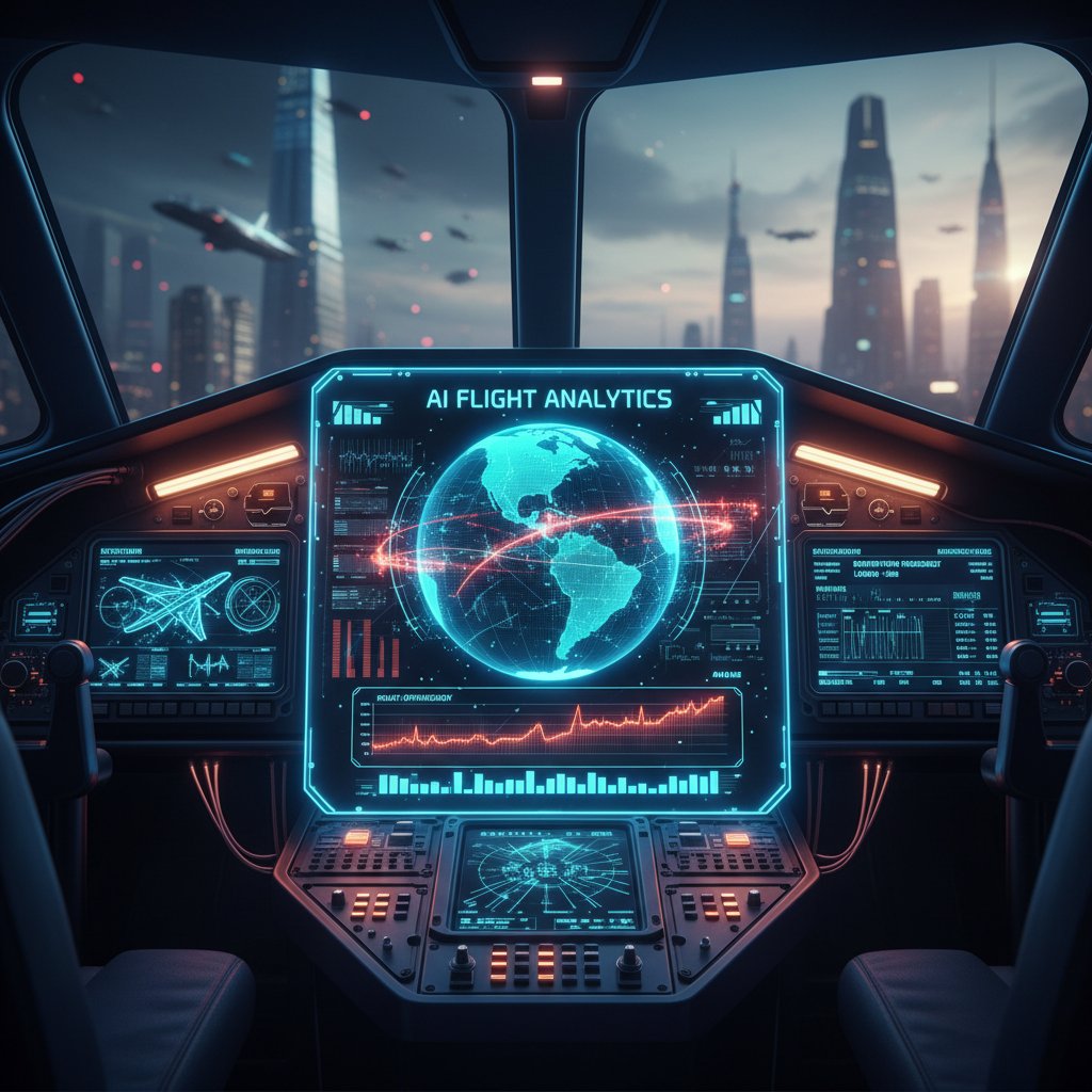 Futuristic dashboard with AI analyzing live flight data, professional mood
