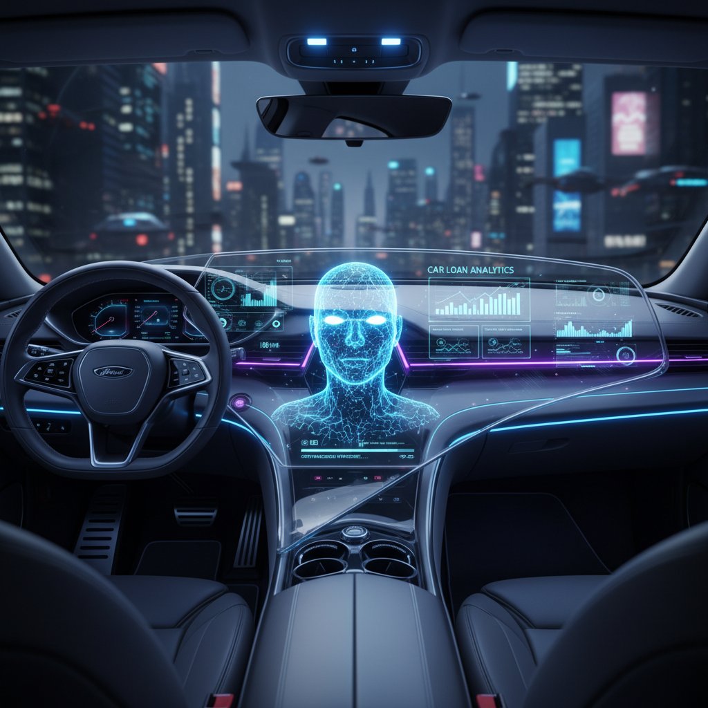 Futuristic digital dashboard with AI assistant analyzing car loan data, neon accents