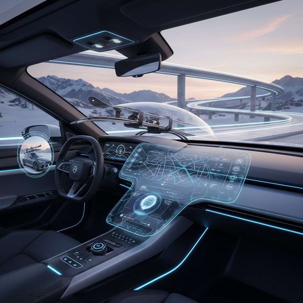 Car dashboard with AI-powered rack selector interface showing ski rack compatibility, futuristic display, modern ski rack cars