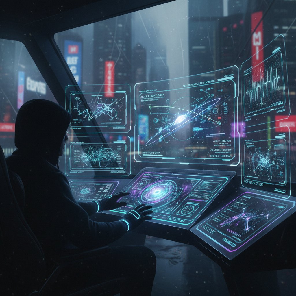 Nowoczesny pulpit z danymi lotów i sztuczną inteligencją – operator analizuje trendy, interfejs pełen danych na żywo