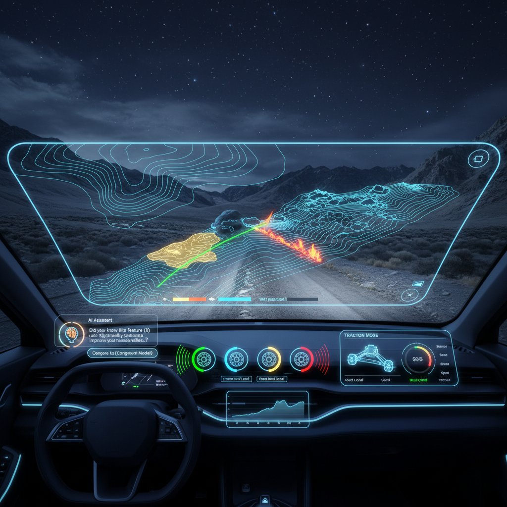 Advanced dashboard in a mountain-ready car, showing live terrain mapping and adaptive traction controls