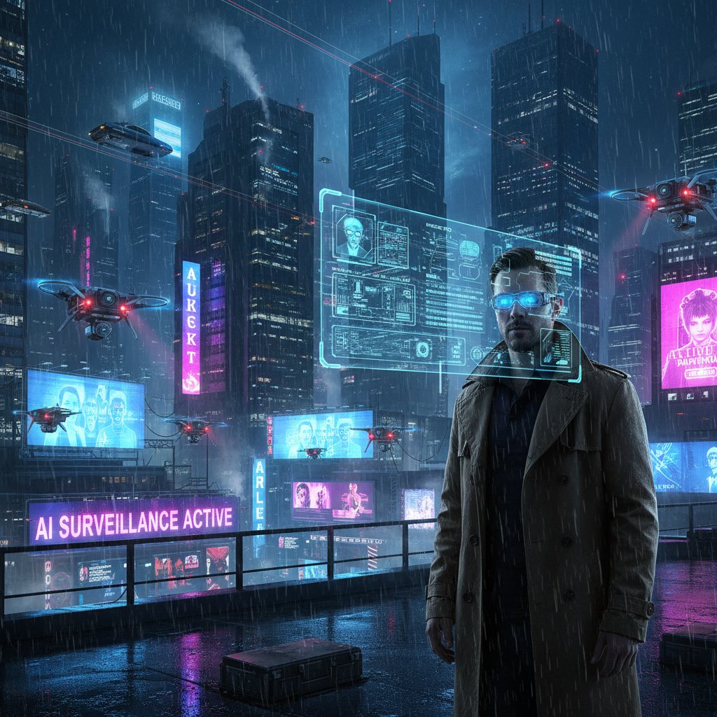 Futuristic detective using AR technology in neon-lit city, representing AI and surveillance trends in detective movies