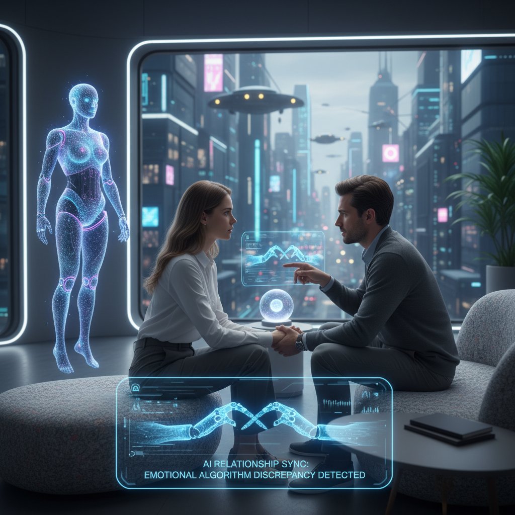 Futuristic digital assistant mediating a couple’s conversation, representing AI's role in relationship discussions.