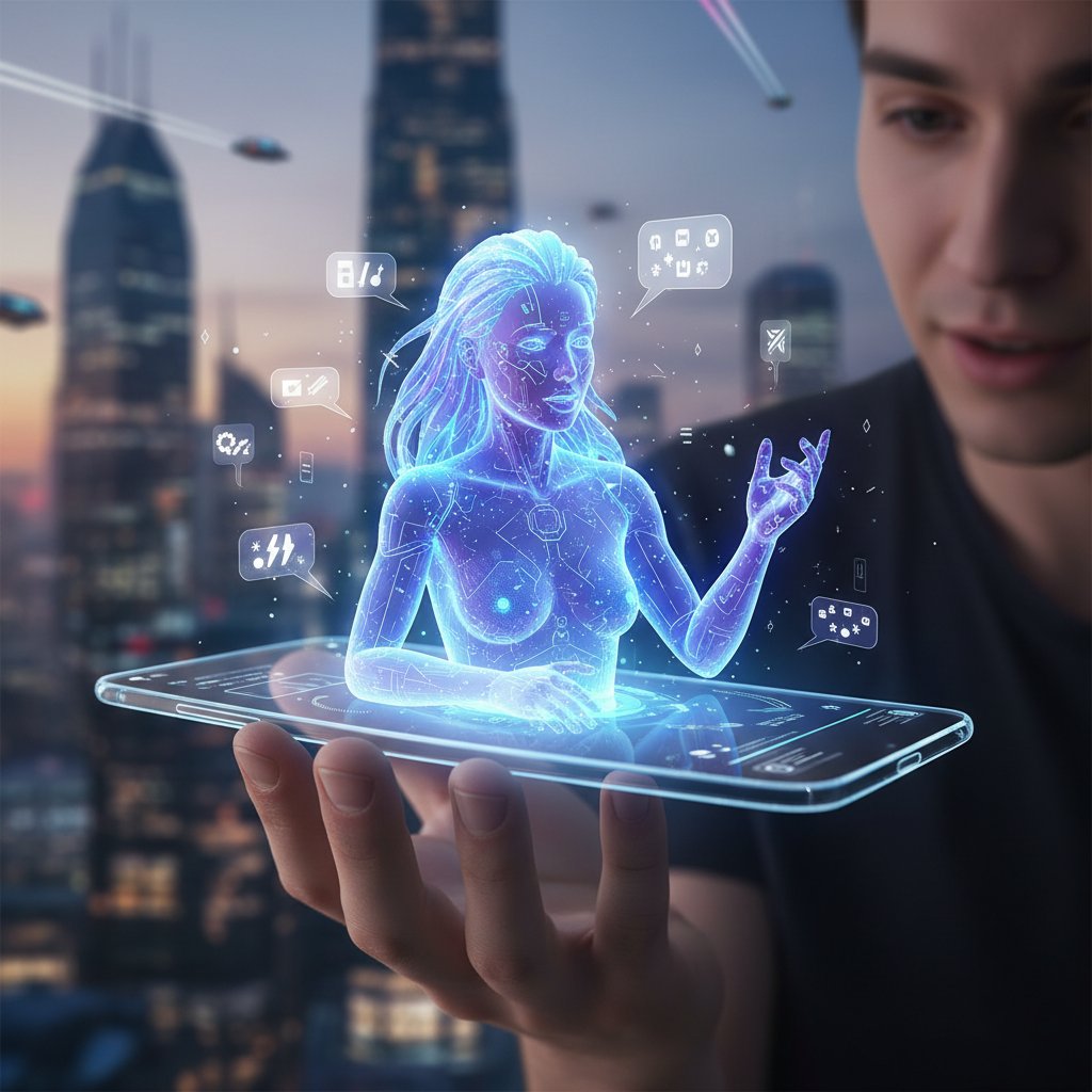 Futurystyczny cyfrowy awatar rozmawiający na ekranie smartfona, AI i sztuka rozmowy internetowej
